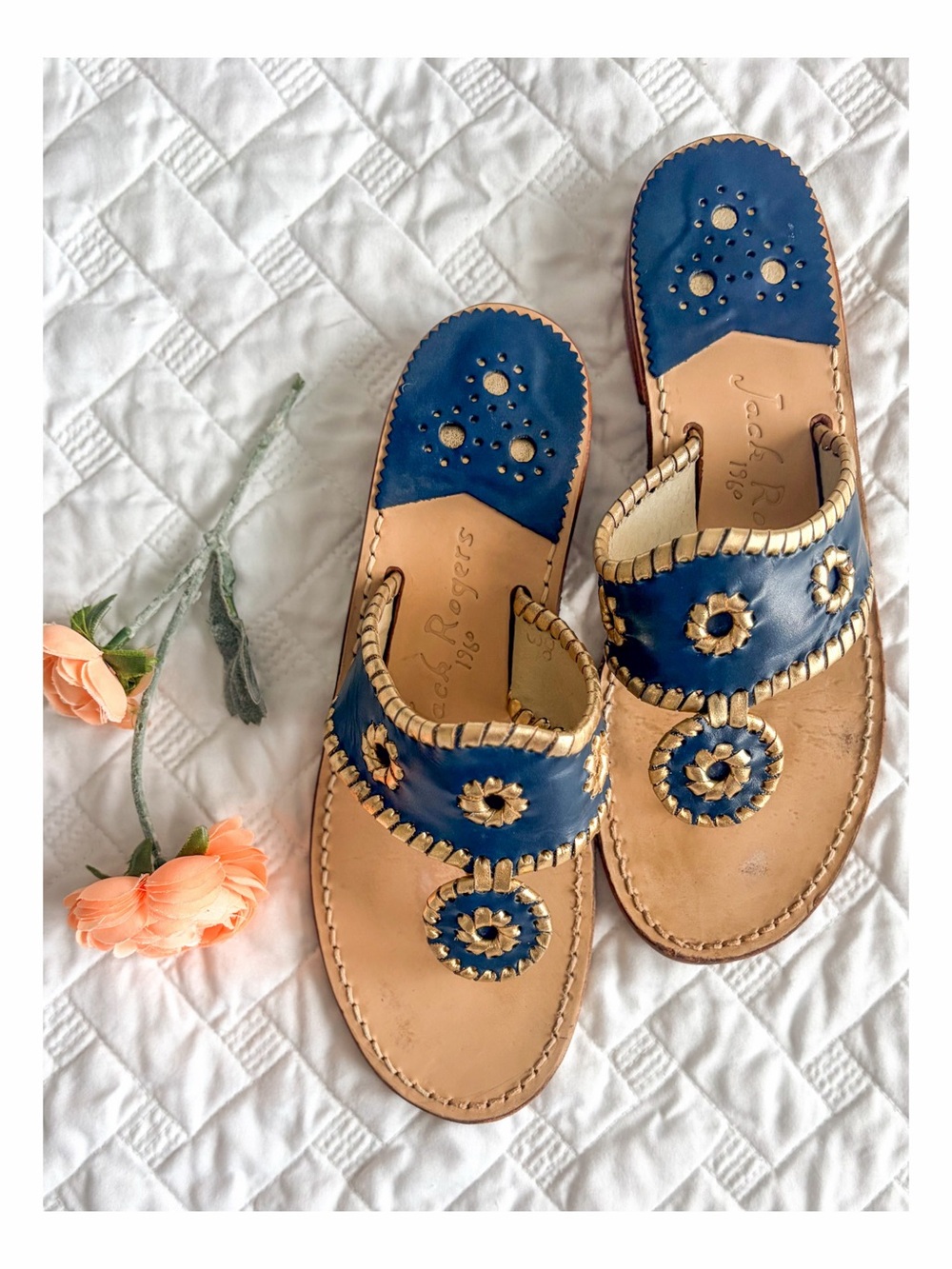 Jack Rogers Navy Blue Gold Navajo Leather Thong Sandals Size 8